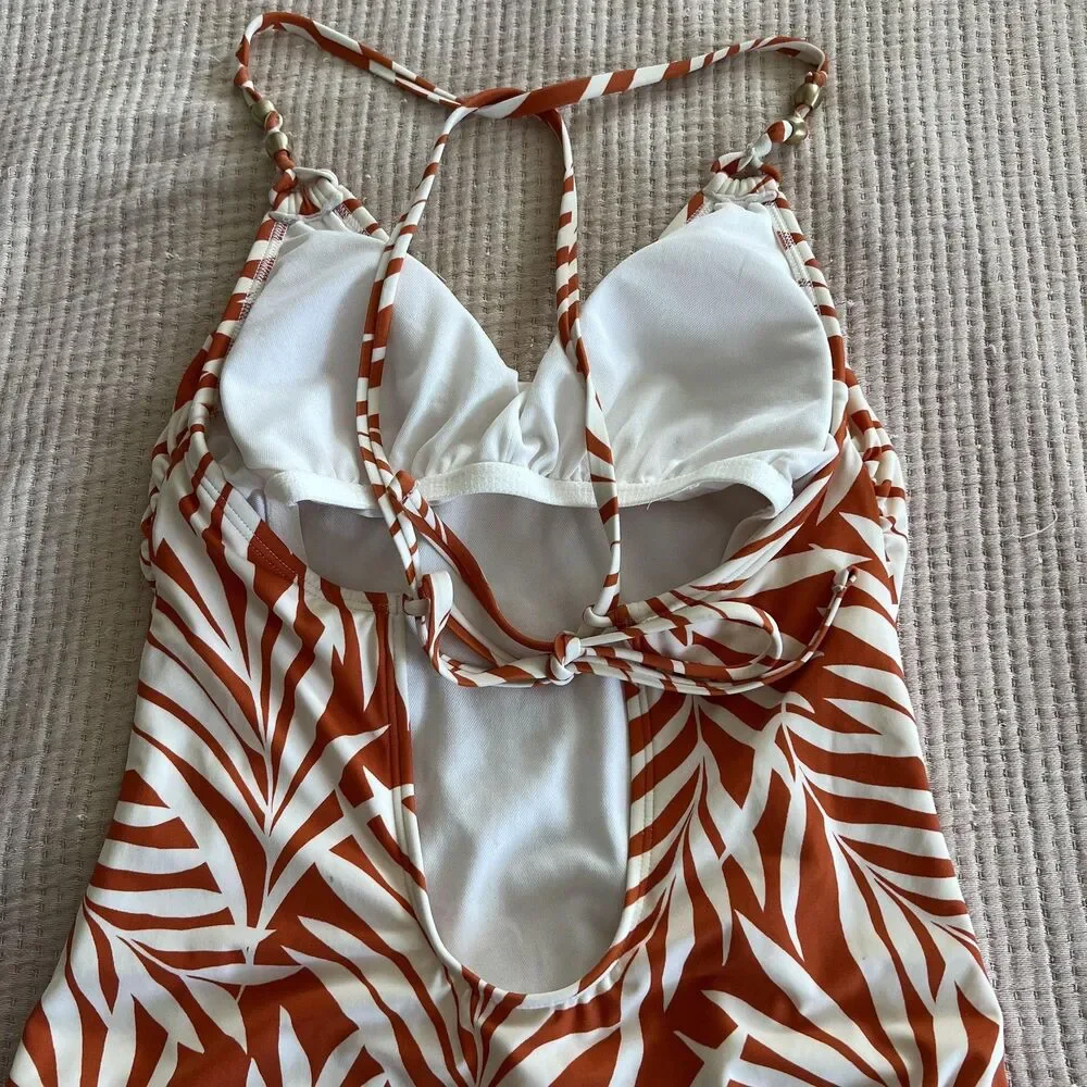 Shade & Shore Swimsuit Womens Medium Rust White Palm Leaf One Piece Strappy Back